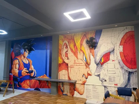 Gaming mural and seating inside Legends Arena