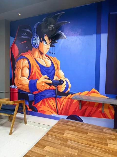 Colorful character mural in the gaming zone